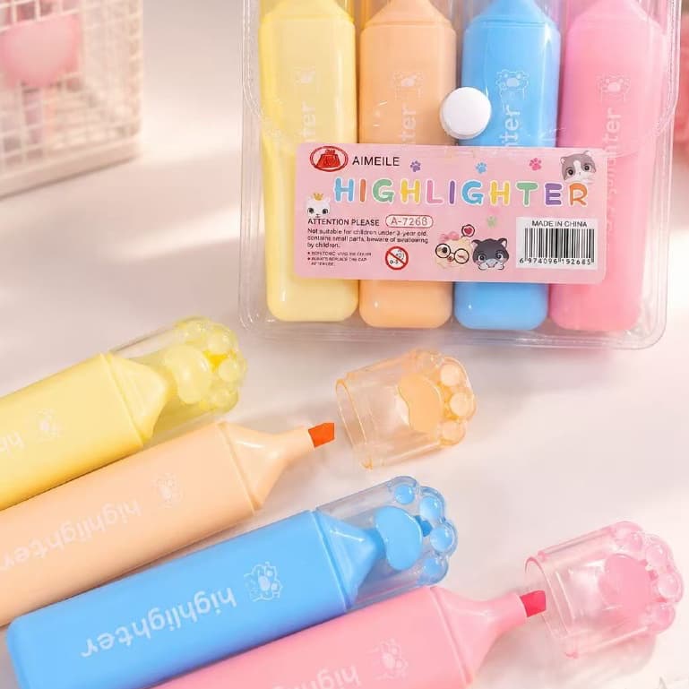 Marca Texto Patinha Kawaii 4 Cores Caneta Grifa Texto Fofa Material Escolar Papelaria Criativa