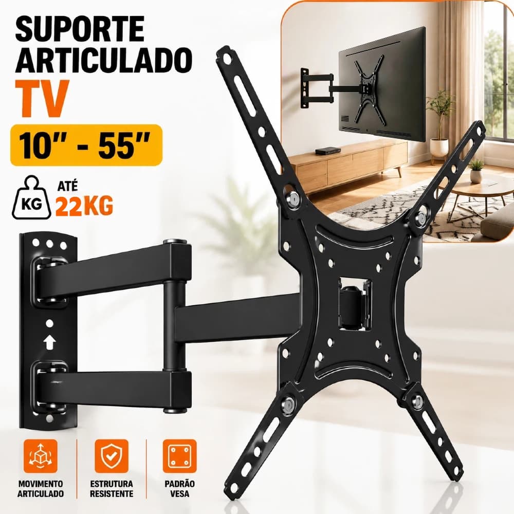 Suporte Articulado para TV e Monitor de 10 a 55 Polegadas Compatível com LED PLASMA e LCD