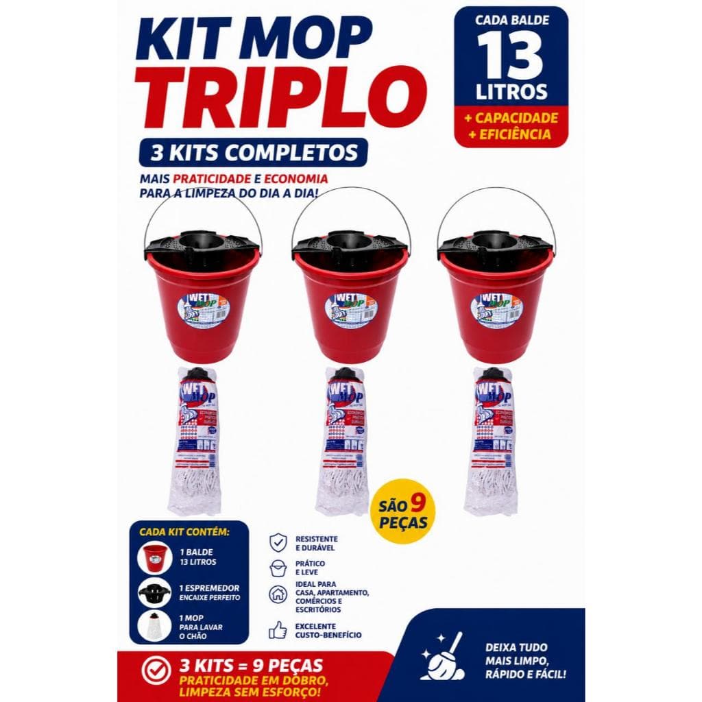 3 Kit Balde Bruxa Mop, Balde De 14L + Espremedor + Bruxa Mop