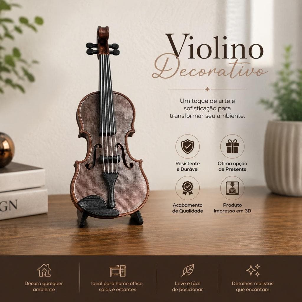 🎻 Mini Violino Decorativo com Suporte | Enfeite Instrumento Musical em Impressão 3D
