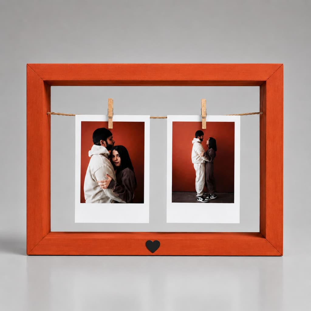 Quadrinho Terracota Coração Preto Varal Madeira para Fotos Polaroid Personalizável para Mesa de Escritório