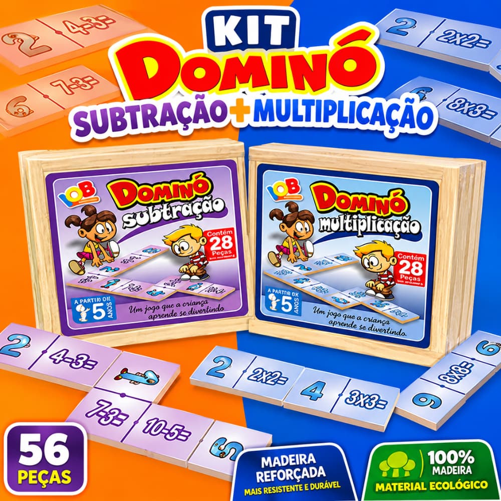 Kit Dominó Educativo Multiplicação + Subtração 56 Peças Caixa de Madeira Jogo Pedagógico Infantil Matemática