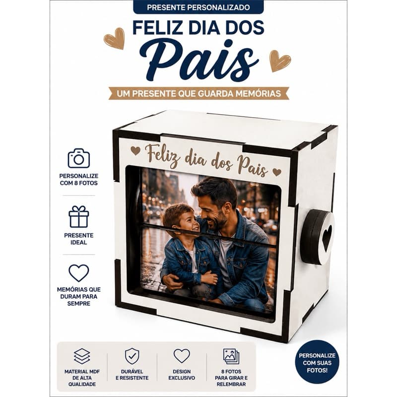 Caixa Porta Fotos Personalizada Dia dos Pais MDF | Presente Criativo para Pai | Álbum Giratório com 8 Fotos
