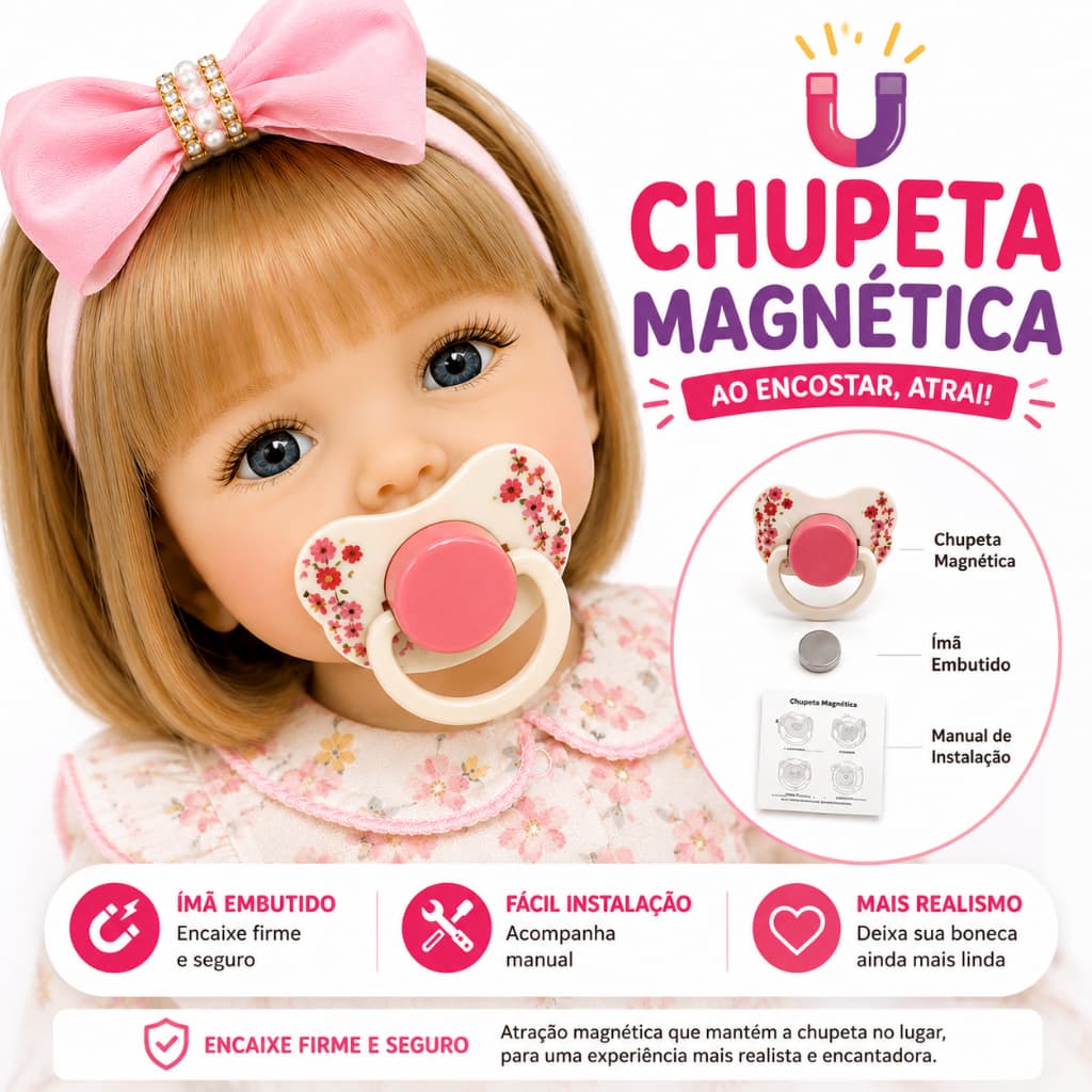 Chupeta Magnética Boneca Reborn com Ímã Embutido Fácil Instalação
