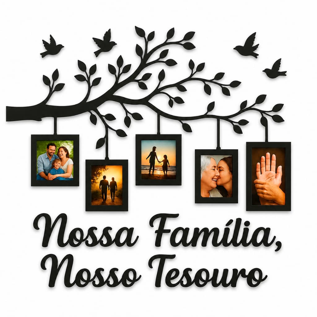 Porta-Retrato 5 Fotos 10x15 em MDF Painel Nossa Família Nosso Tesouro para Parede e Decoração