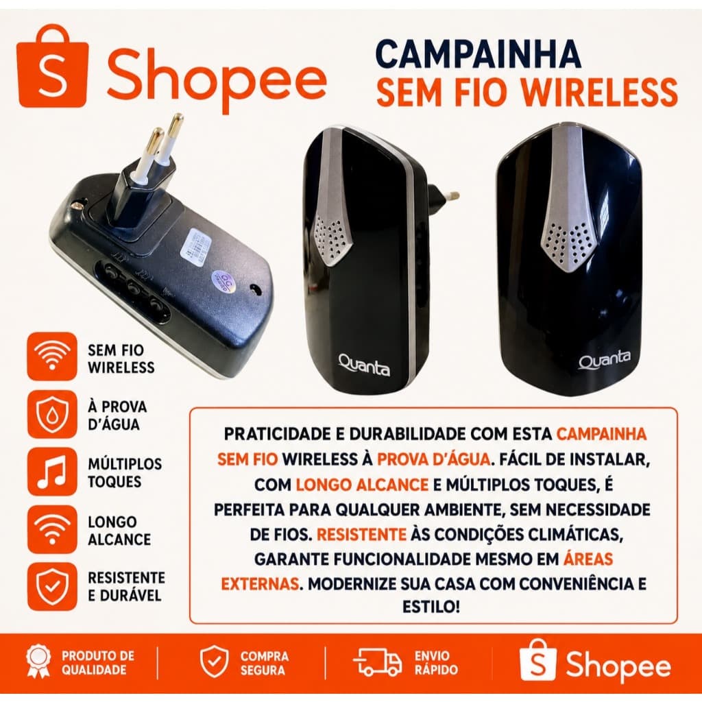 Campainha Sem Fio Quanta QTCWE05i Bivolt - Preta Prata