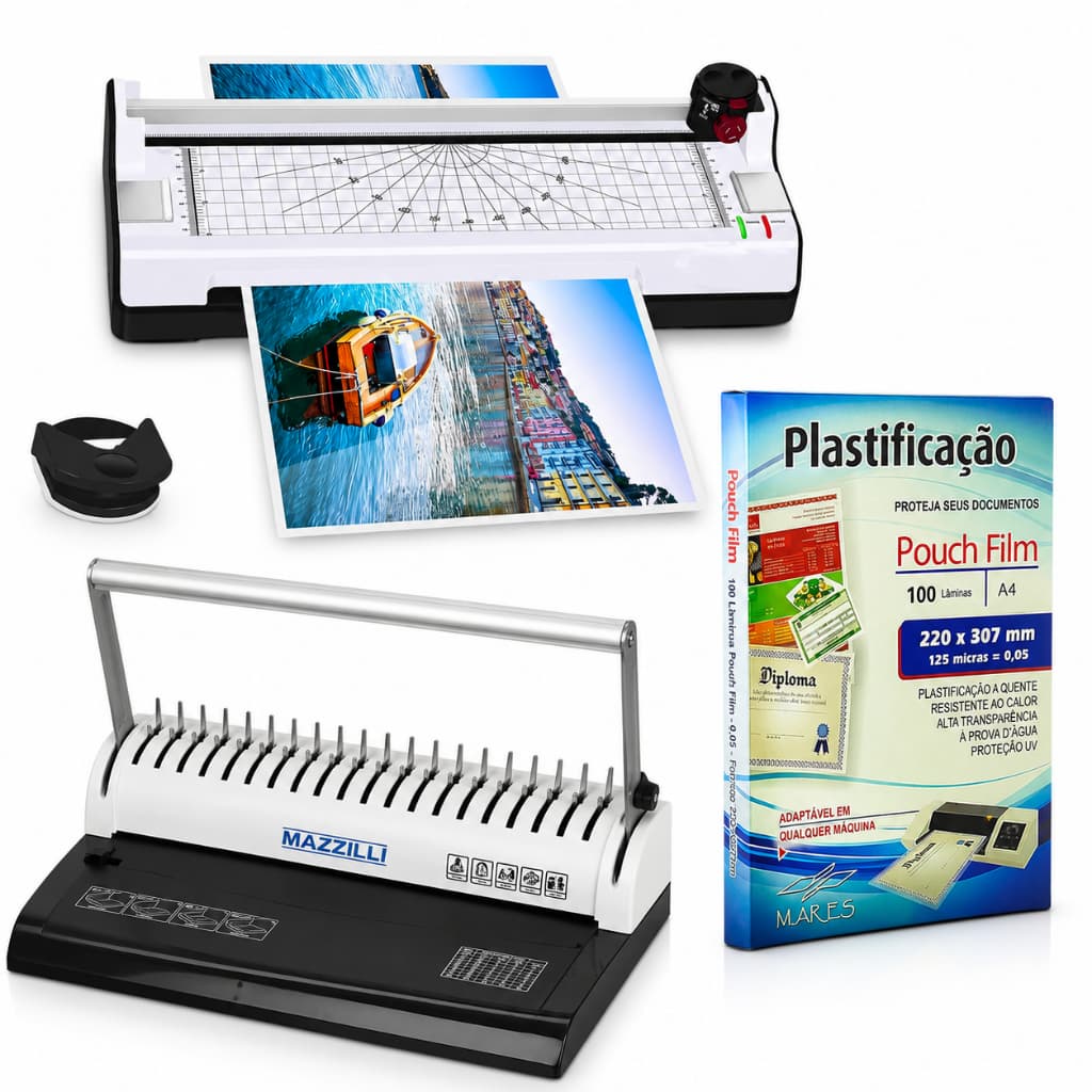 Kit Plastificadora A4 + Plástico Polaseal A4 + Encadernadora Manual