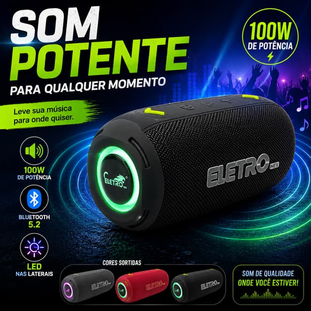 Caixa de Som Bluetooth 100W Portátil IPX6 LED à Prova D'Água com Alça Bluetooth 5.2 Recarregável