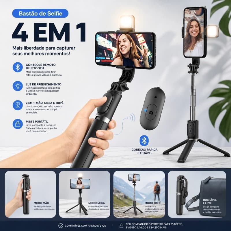 Bastão Pau de selfie Tripé Retrátil 170cm Com Luz LED Controle Bluetooth Celular Rotação de 360° para Live/Foto-Hy-R1700