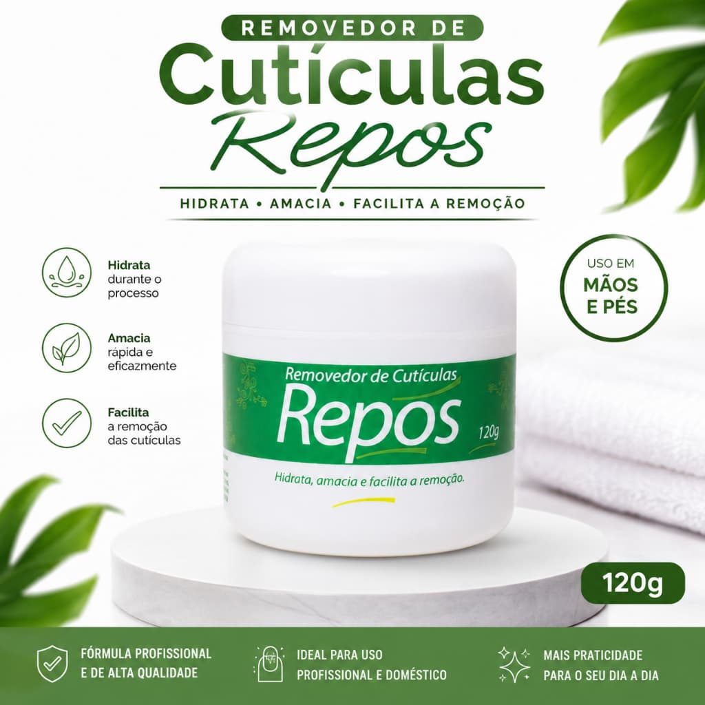 Removedor de Cutículas em Creme Repos 120g Amacia Hidrata Facilita a Remoção da Cutícula Manicure Pedicure Mãos e Pés