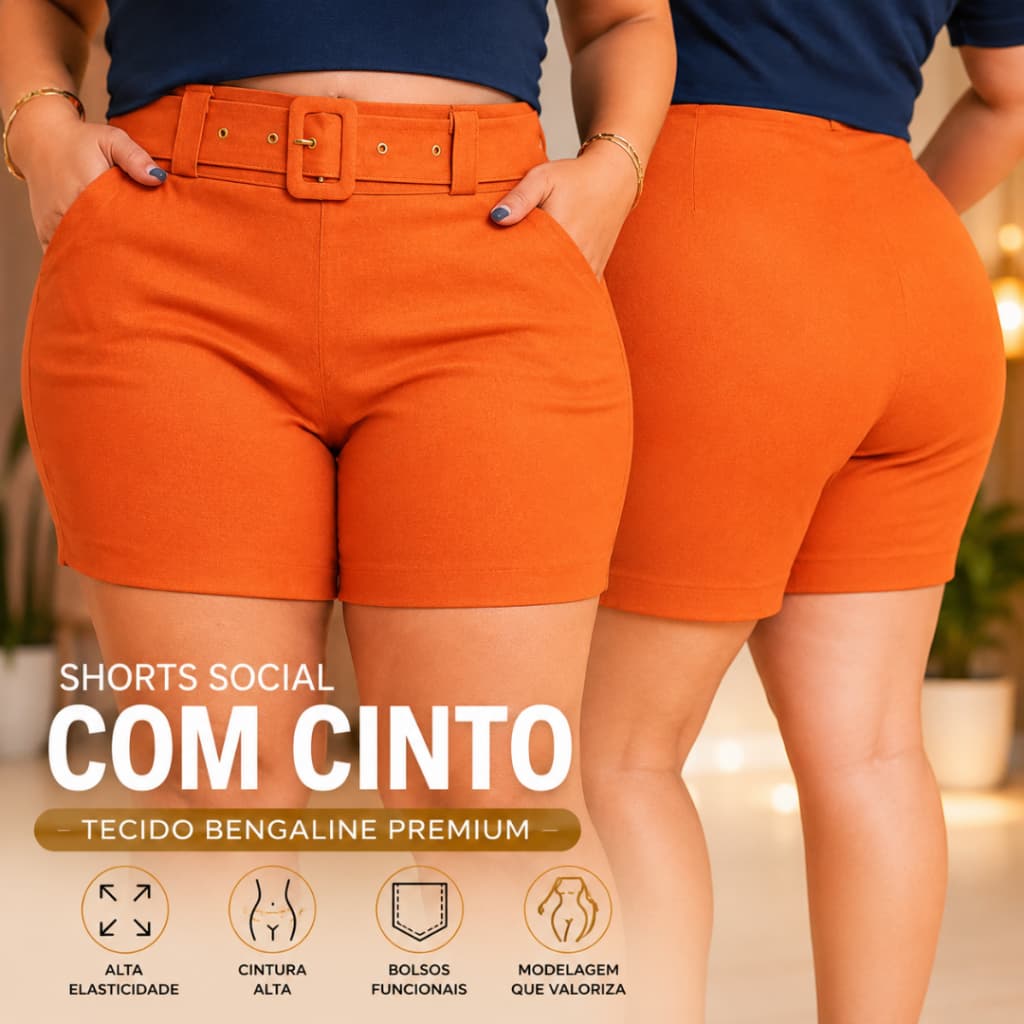 Shorts Feminino Plus Size Bengaline Social com Cinto Cintura Alta Modelador Elegante Premium
