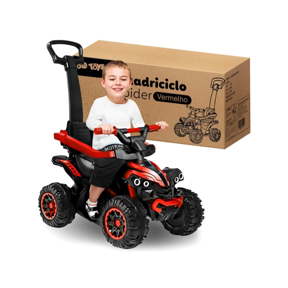 Quadriciclo Infantil Com Empurrador UTV Carrinho de Passeio Mini Moto Elétrica Luz Som Vermelho