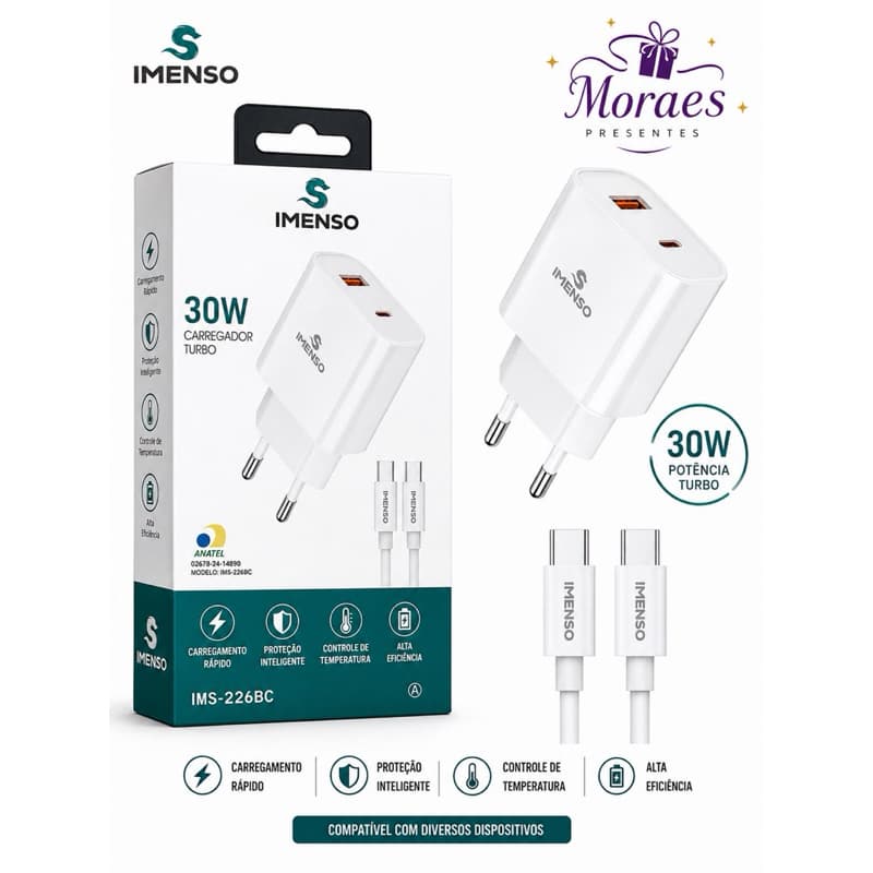 Carregador Original Imenso 30W Turbo USB-C com cabo. Homologado Anatel 02678-24-14890.