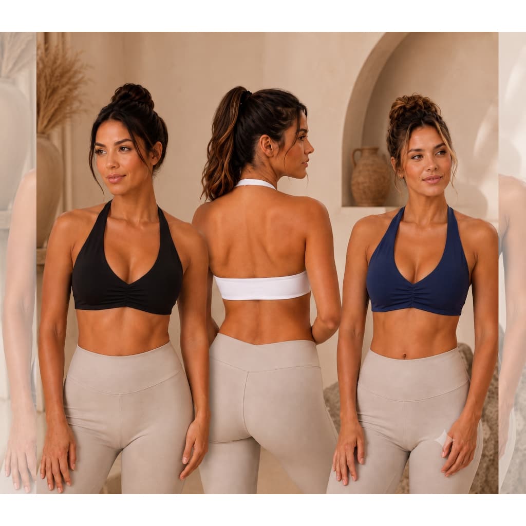 KIT 3 Top Feminino Halter Suplex Light e Bojo Removível Moda Fitness Academia Treino Casual Cropped