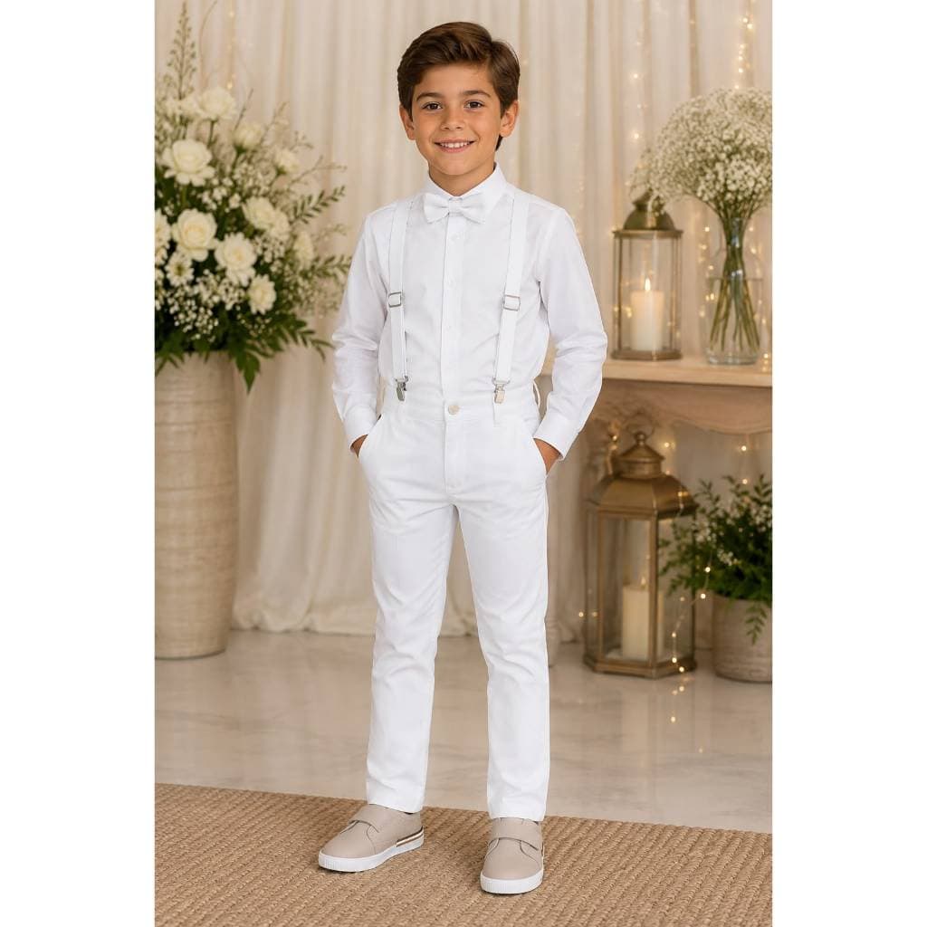 Conjunto Roupa Social Calça Camisa Suspensório Gravata Batizado Branco Infantil Menino
