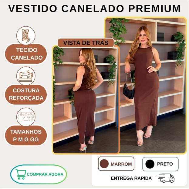 Vestido Feminino Longo Canelado Básico Premium Sem Manga Elegancia E Conforto Do P Ao GG.