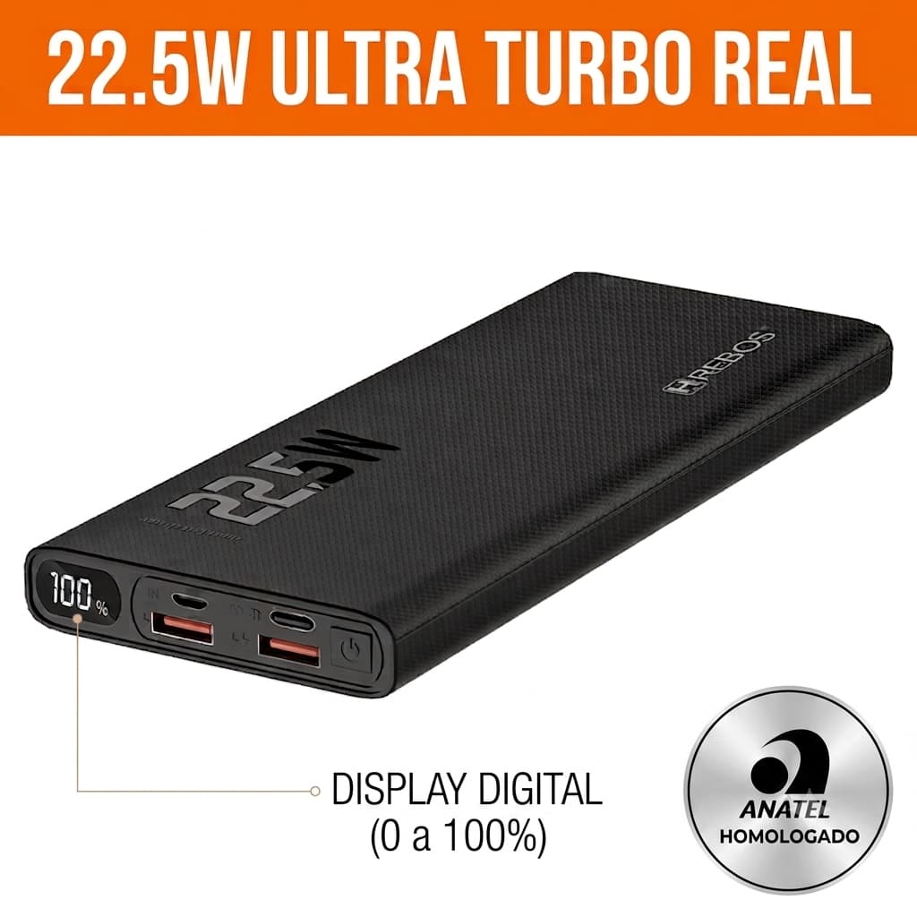 Carregador Portatil Power Bank Hrebos 10000mAh 22.5W Turbo Fast Charge Display Digital Tipo C iPhone Samsung Original