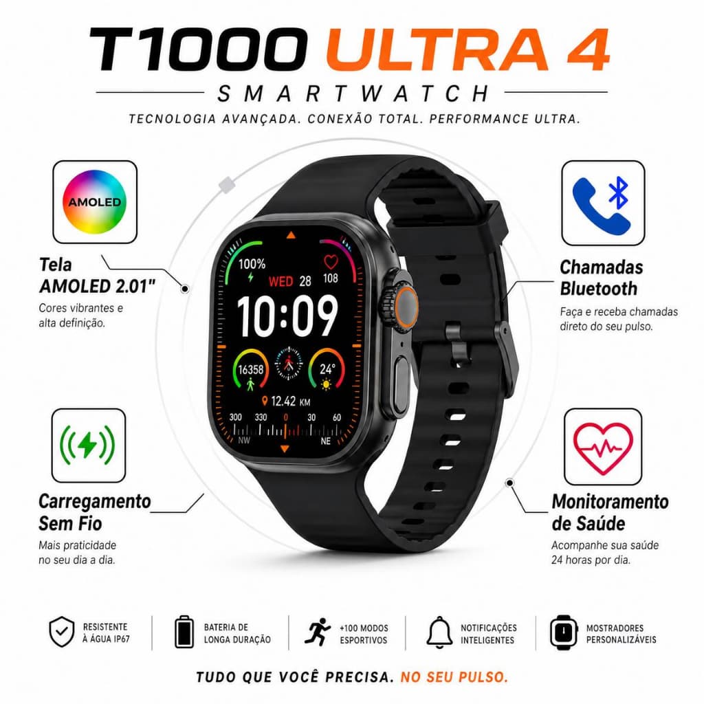 Smartwatch T1000 Ultra 4 Relógio Inteligente Tela Amoled 2.01 Carregamento Por Indução