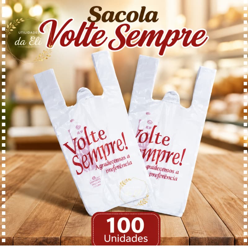 Pacote de Sacolas Plásticas  Volte Sempre 38x48 c/100 Unidades  Padaria Mercado Bazar