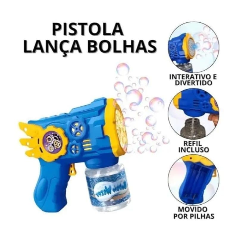 Pistola Automática de Bolhas de Sabão Infantil com Luz LED Inclui Líquido Funciona com Pilhas AA