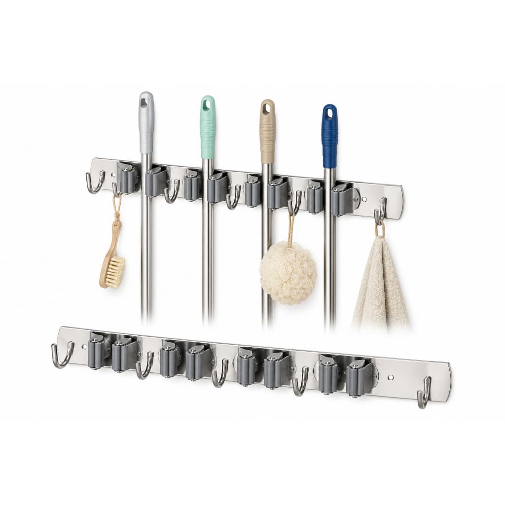 Suporte Organizador de Parede em Aço Inox 4 Presilhas 5 Ganchos para Vassouras Rodos e Mops Premium Resistente