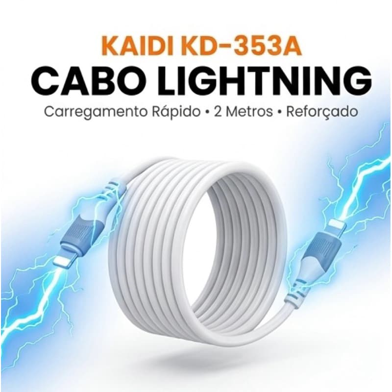 Cabo USB para Lightning iPhone Kaidi KD-353A 2 Metros Reforçado Carregamento Rápido