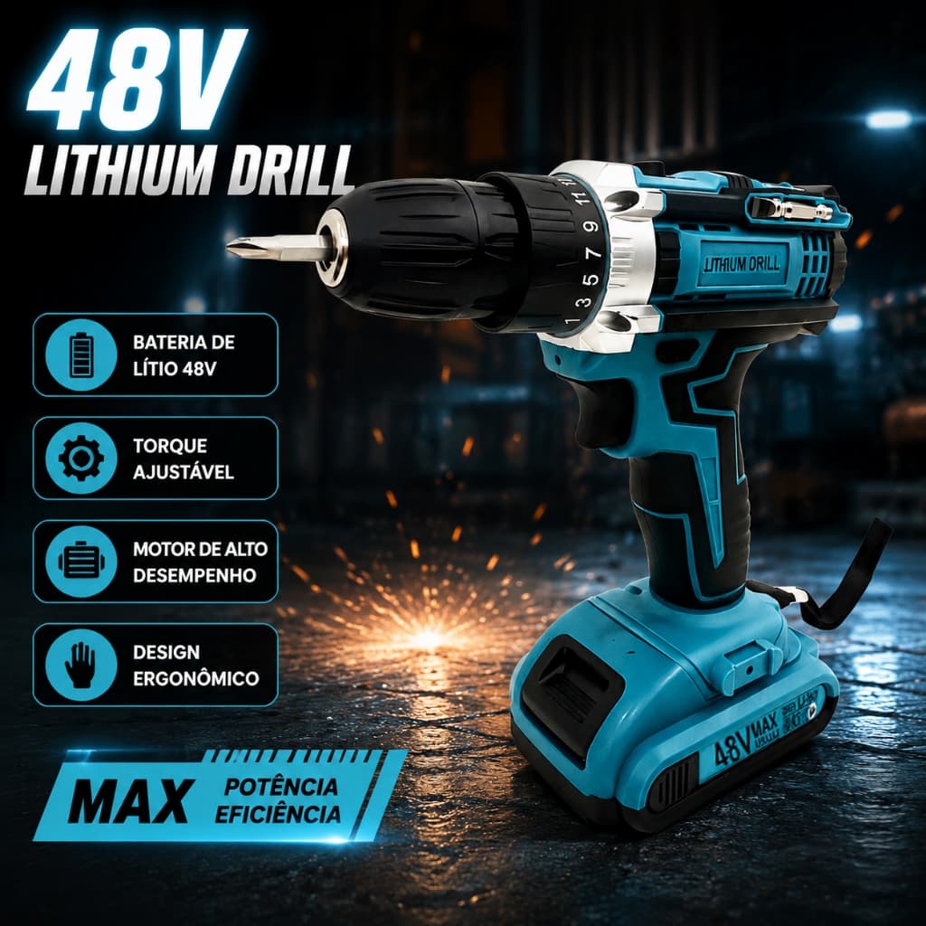 Parafusadeira Furadeira Sem Fio 48V Bateria Dupla Kit Ferramenta Completa com Maleta Portátil Cor Amarela/Azul