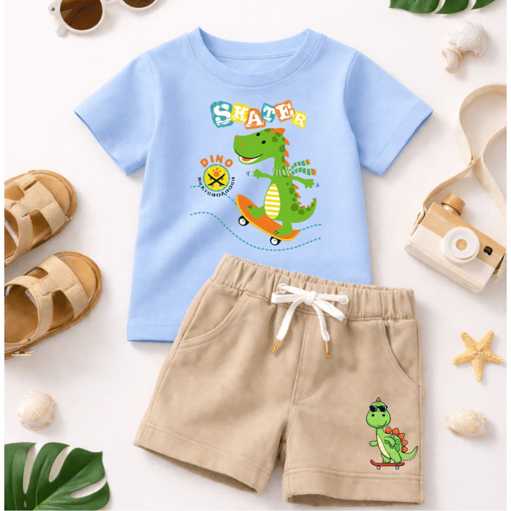 Conjunto Infantil Dino Skate - Conjunto de Menino Estilo StretWear - Camiseta 100% Algodão e Short Moletinho - Conforto