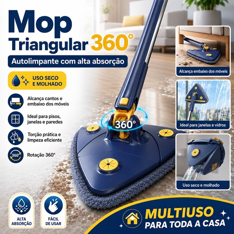 Azul Mop Triangular Giratório 360° Autolimpante Com Espremedor Multiuso para Pisos Tetos Janelas e Varandas