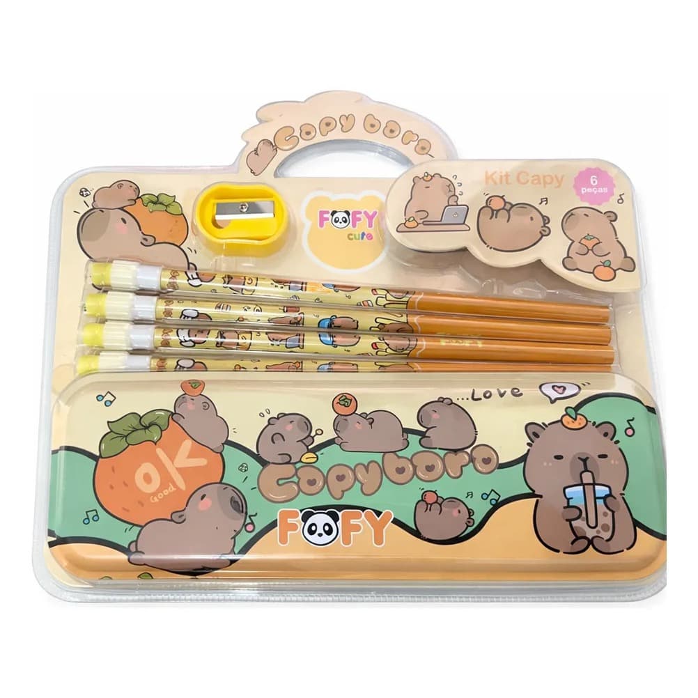 Kit Escolar 4 Lápis Estojo e Apontador Infantil Personagens Volta as Aulas Escola Menino Menina