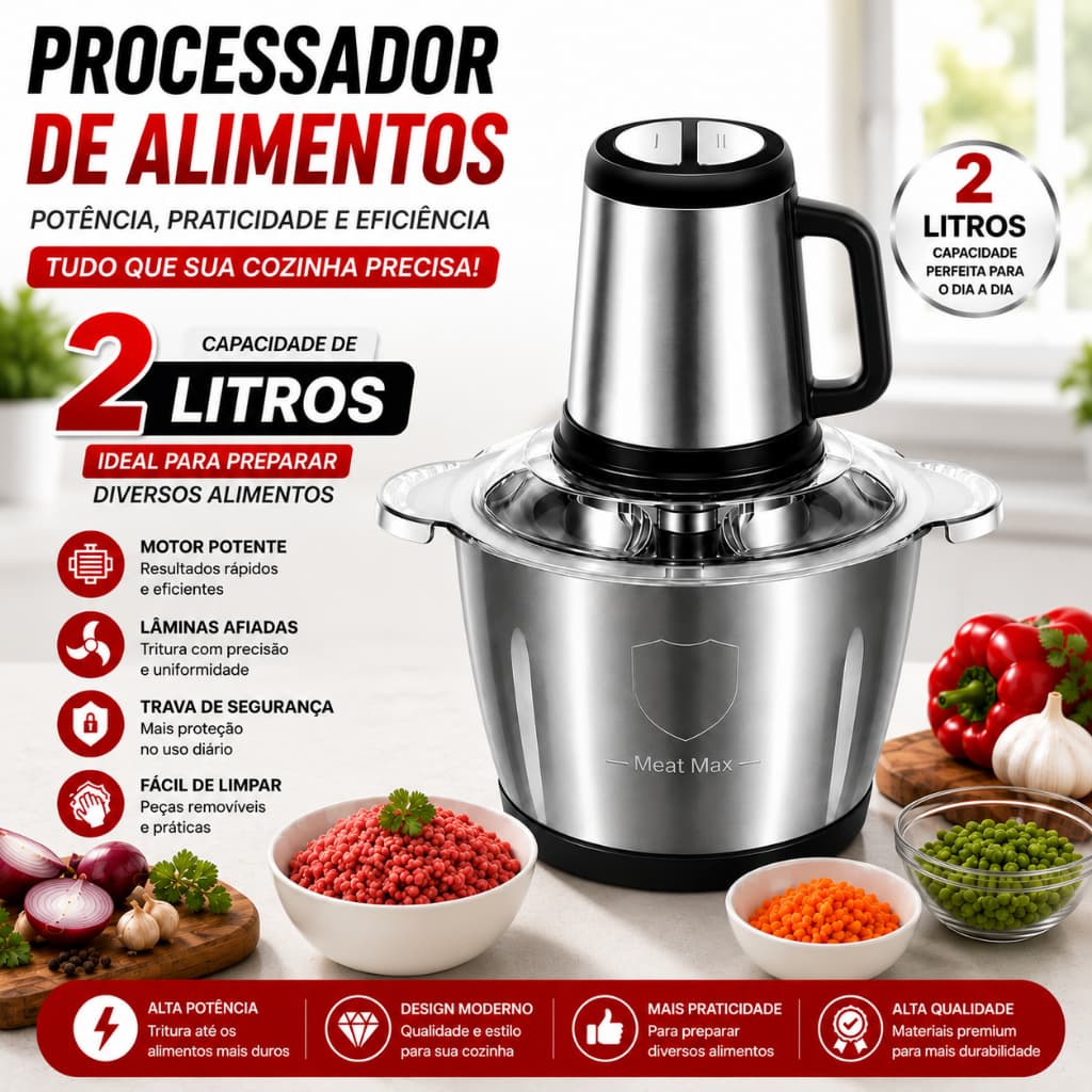 Picador De Alimentos Moedor De Carne 2 Litros Mixer Elétrica Processador Cozinha Casa  - 110v-220v