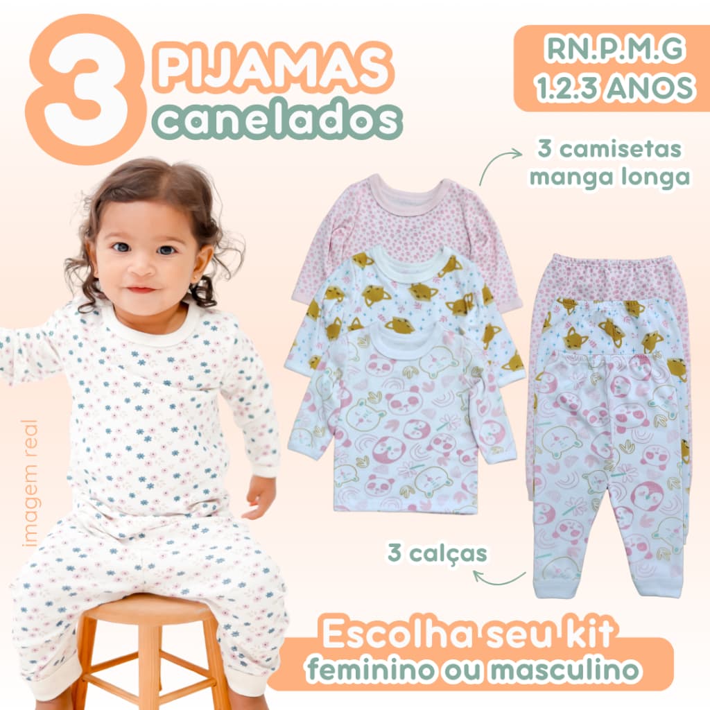 Kit 3 Pijamas Bebê Canelado Estampado 3 Camisetas e 3 Calças Feminino Masculino RN.P.M.G 1.2.3 anos Zuraffa Baby
