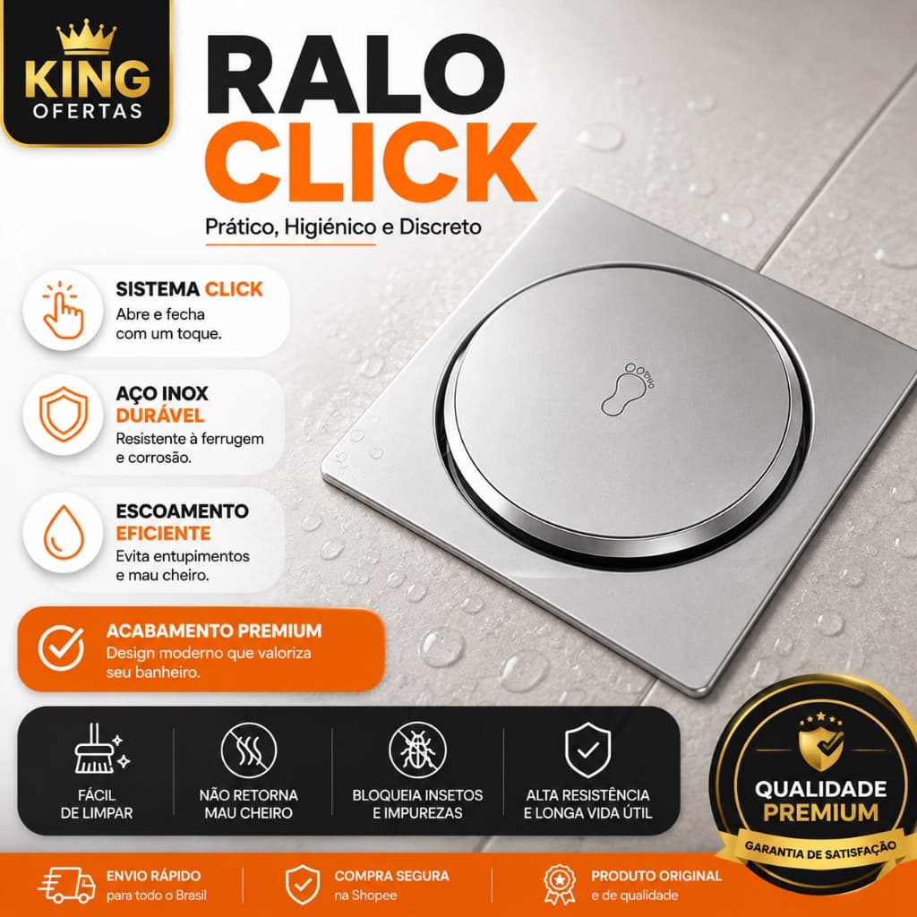 Ralo Click Inteligente Inox 10x10 Anti Odor Abre e Fecha com Toque Anti Insetos Premium