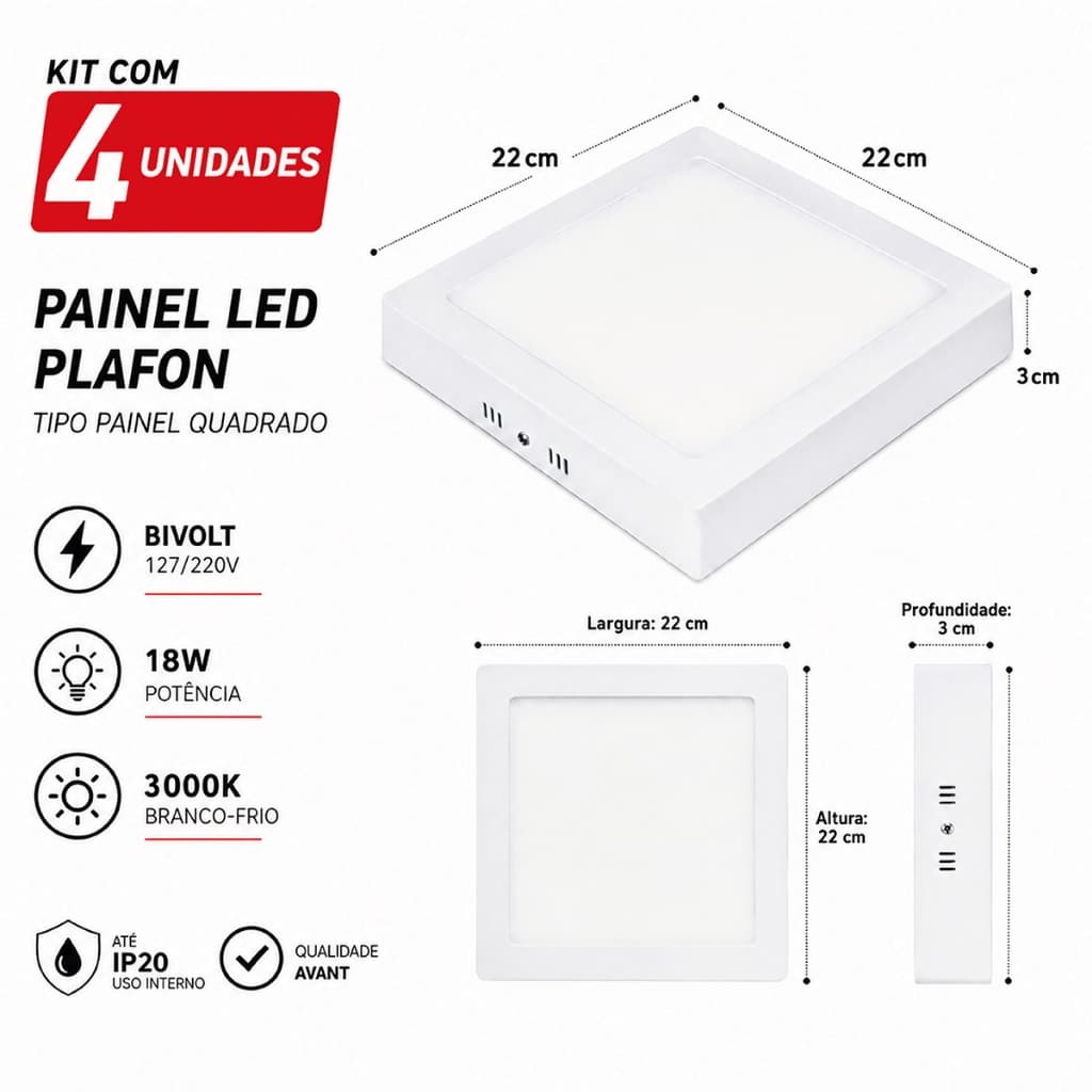Kit 4 Painéis LED Sobrepor 18W Quadrado Avant POP 3000K Branco Quente Bivolt Plafon Slim Para Teto Sala Quarto Cozinha