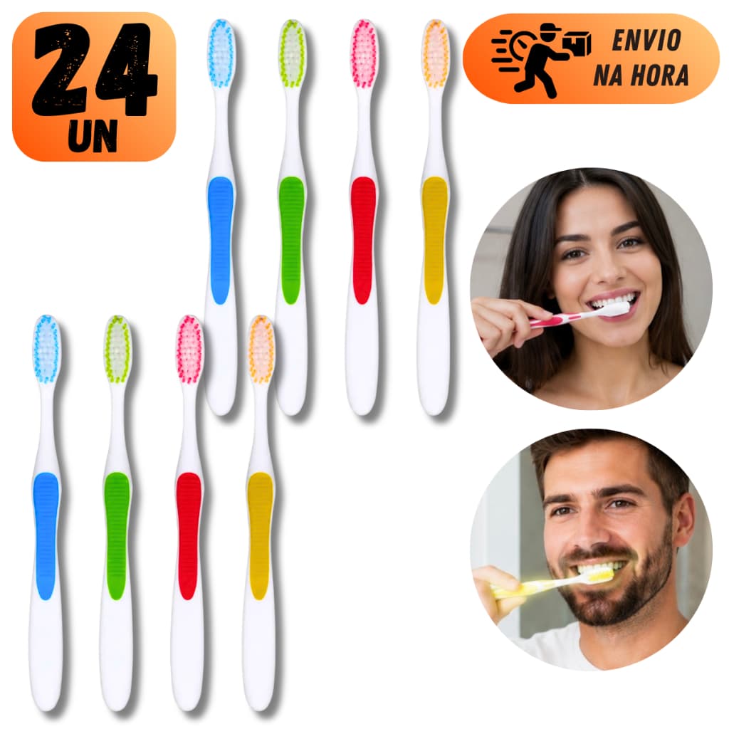 KIT 24 ESCOVAS DE DENTES PARA ADULTOS COM PROTETOR DE CERDAS MACIAS ATACADO VARAIS CORES TAMANHO MÉDIO