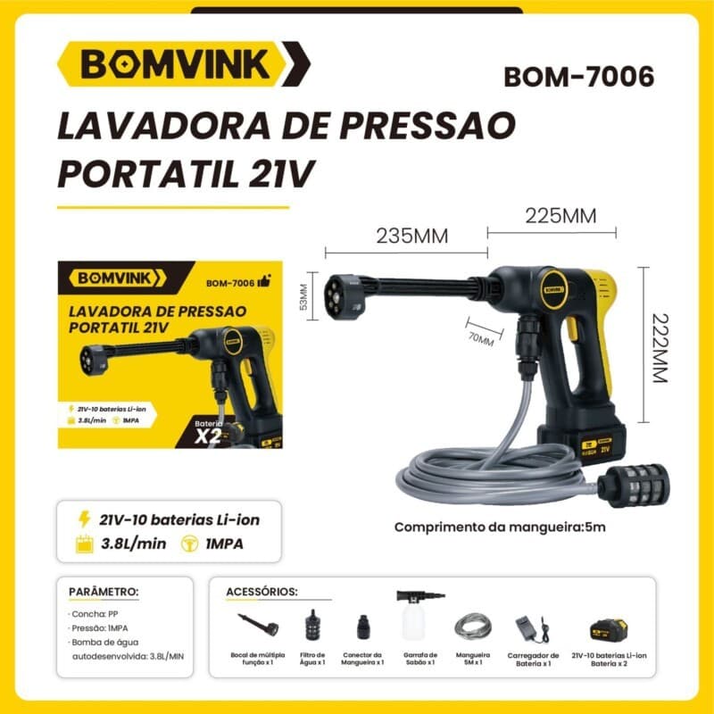 Lavadora de Alta Pressão Portátil 21V BOM-7006