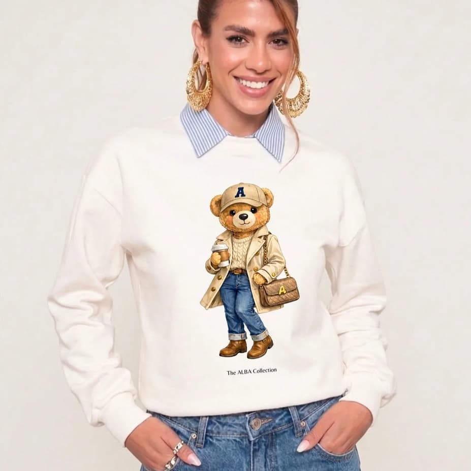 Blusa Moletom Feminina Estampa Urso Oversized Forrada Flanelada Gola Redonda Crewneck Casual