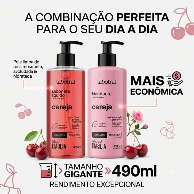 Sabonete Líquido Cereja Labotrat 490ml Dia a Dia Hidratante Corpo e Rosto Embalagem Econômica