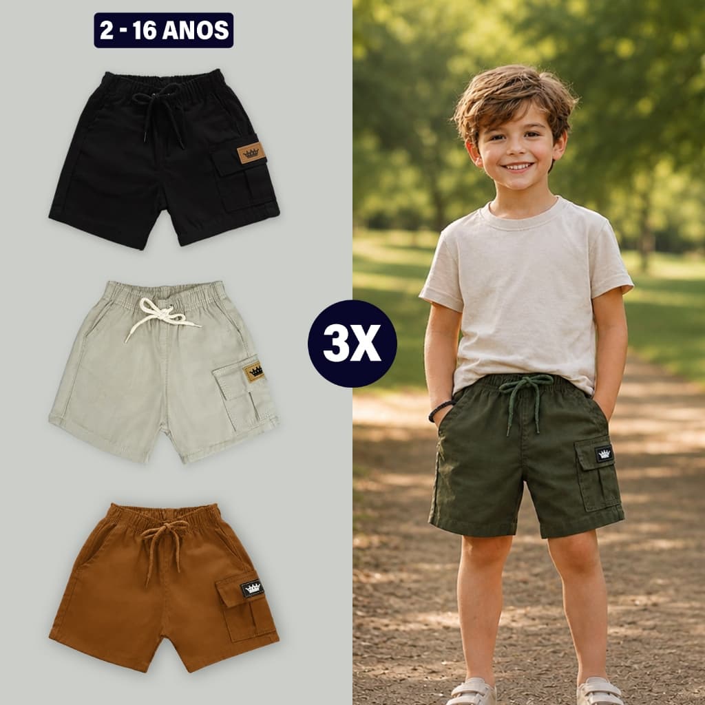 Kit 3 Shorts Cargo Infantil Juvenil Brim Meninos Bermuda Premium 02-16