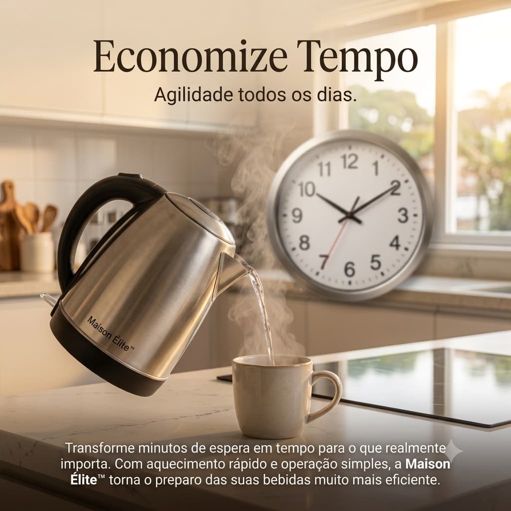 Chaleira Elétrica Inox 1 Litro 1000W 127V Ferve Água Rápido Base 360° Desligamento Automático Casa Cozinha Maison Élite