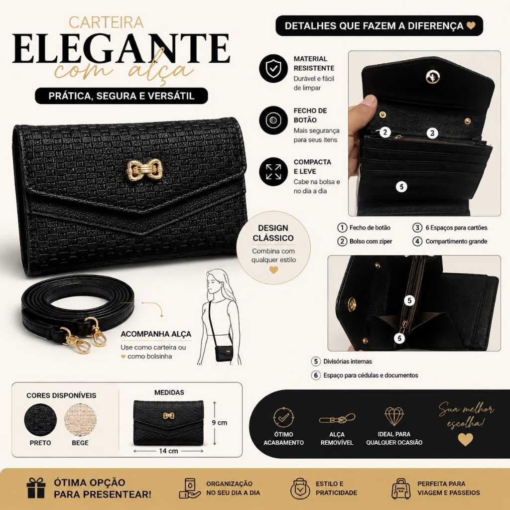 Carteira Feminina Grande com Alça Transversal Removível Porta Cartões Zíper Couro Sintético Elegante