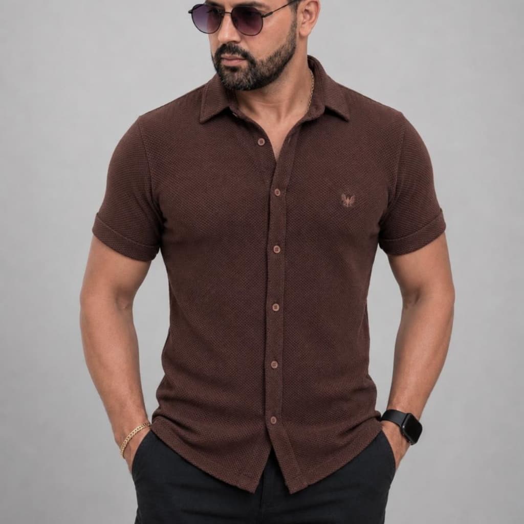 Camisa Tricô Masculina Casual Slim Manga Curta Elegante Tricô Liso Roupa Masculina Verão Todas Ocasiões