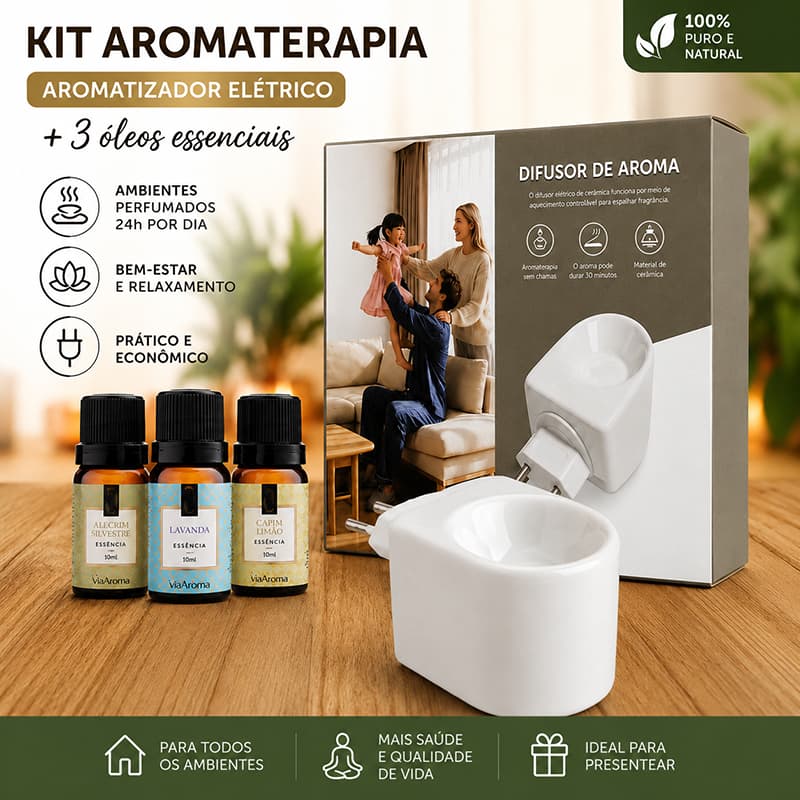 Kit Aromatizador Elétrico de Cerâmica + 3 Óleos Essenciais Difusor Aromático para Casa e Escritório