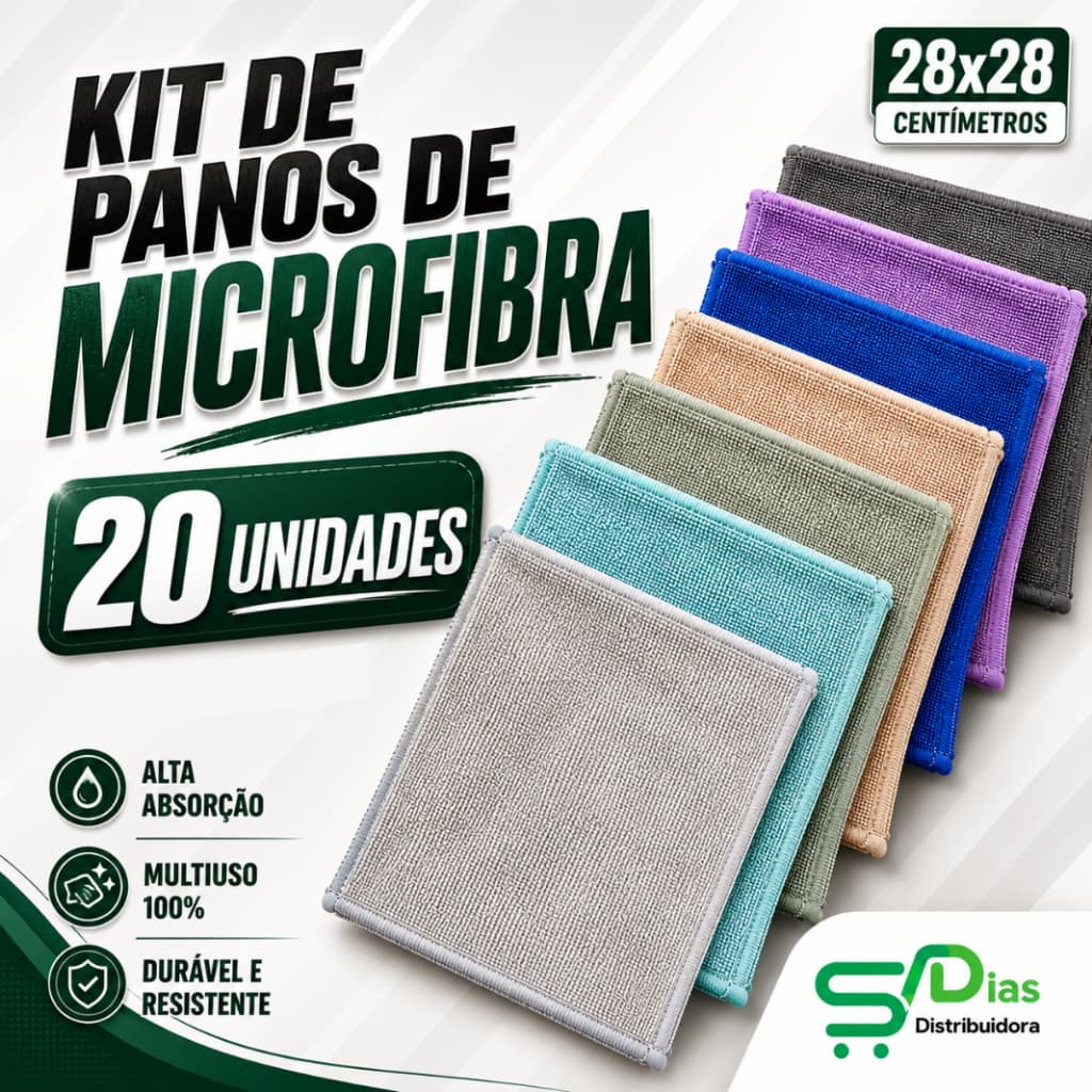 Kit 20 Panos Microfibra Multiuso 28x28cm Cores Sortidas Limpeza Casa Cozinha Carro