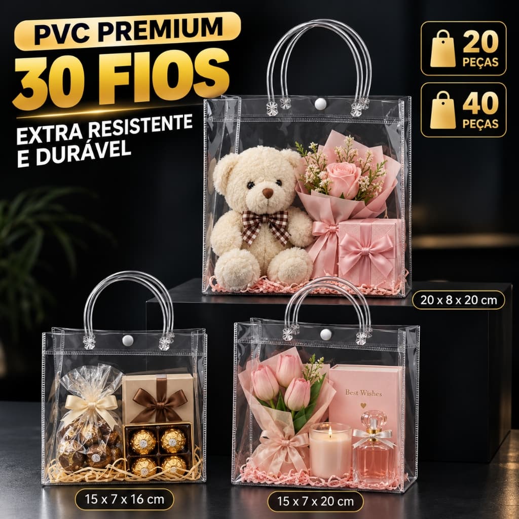 20/40 Sacos de Presente de PVC Transparente com Alças Sacolas Plásticas Reutilizáveis Para Presentes e Festas