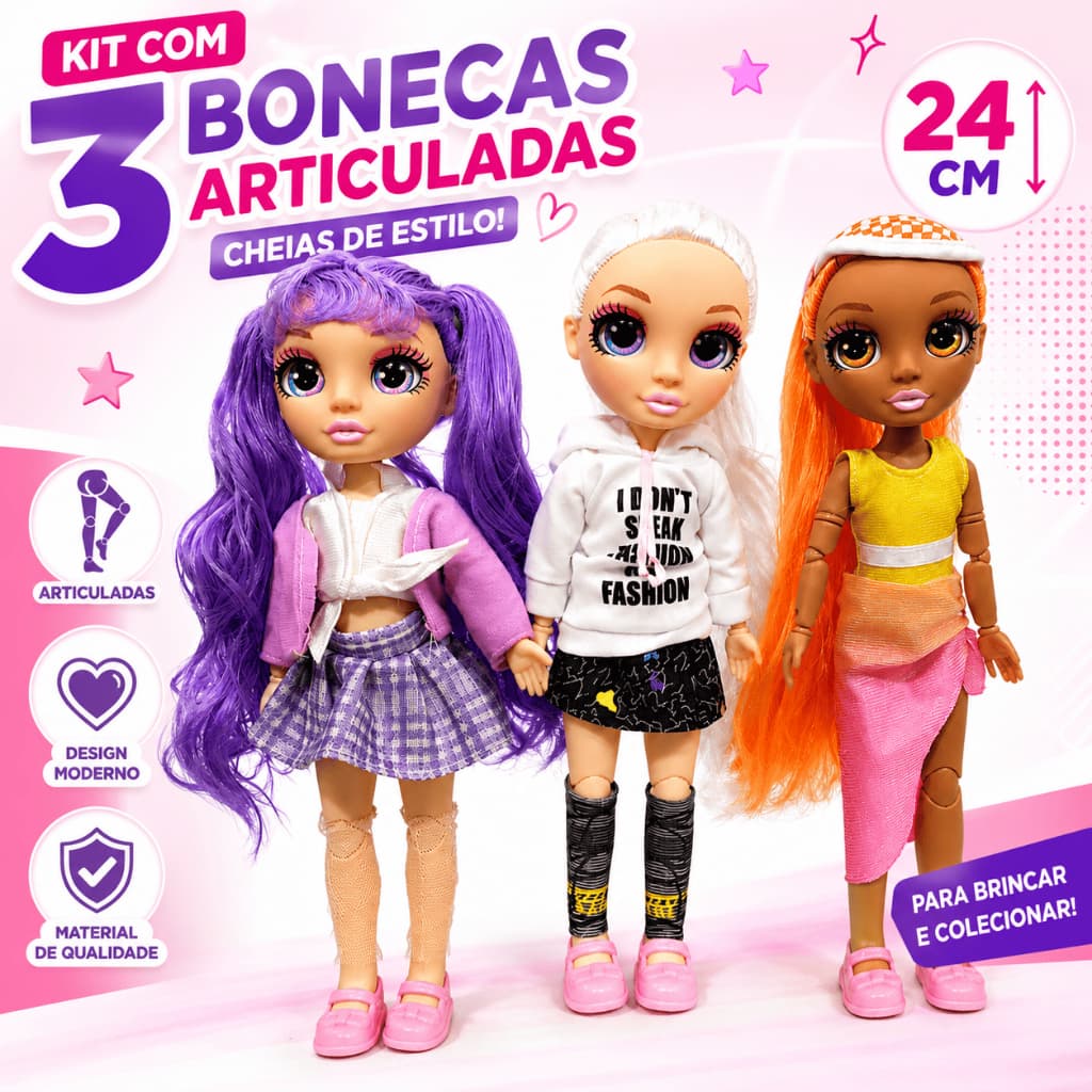 kit 3 Boneca Rainbow High Junior High Jade Hunter Articulada