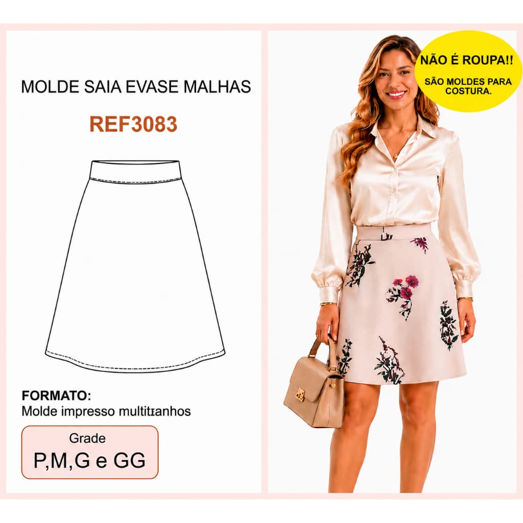 Molde Saia Evasê Malhas REF3083 | Molde de Costura Feminino Adulto | P, M, G e GG