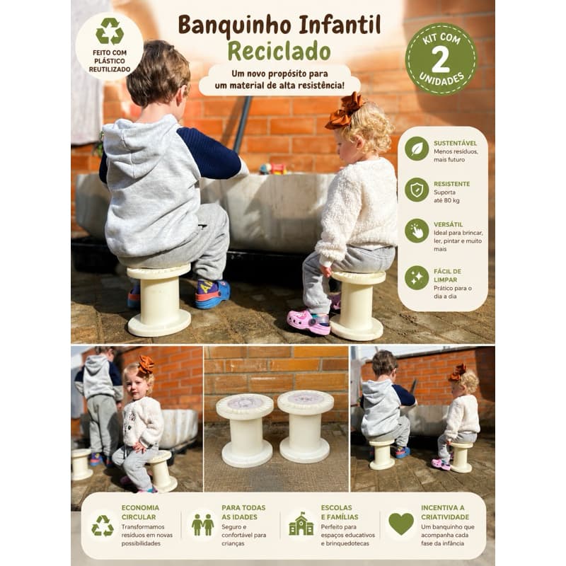 Kit 2 Banquinhos Infantis Reciclados em Plástico | Super Resistentes | Brinque Recicle | Cilindro Pedagógico