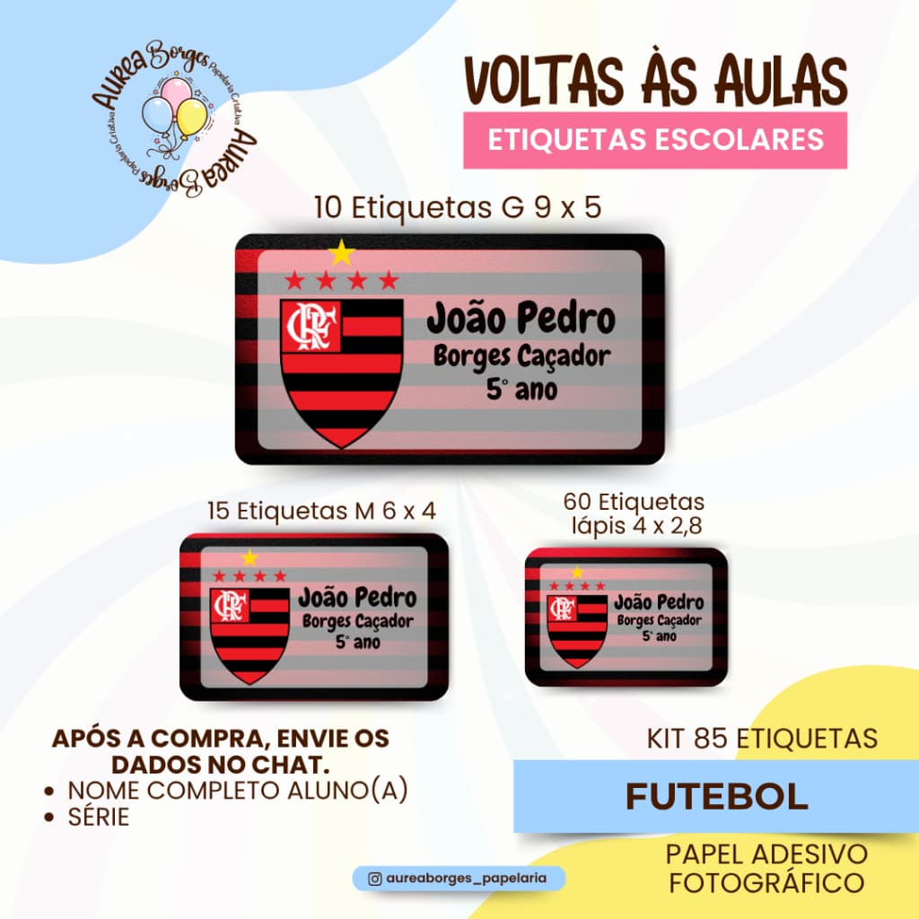 Kit 85 Etiquetas Escolares Personalizadas Futebol Adesivos Fotográfico Volta às Aulas Times