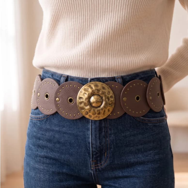 Cinto Largo De Discos Com Tachas Couro PU Estilo Boho Feminino Fivela De Metal